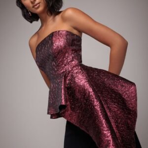 Goddiva Boob Tube Jacquard Top With Asymmetric Peplum Frill - Burgundy Red