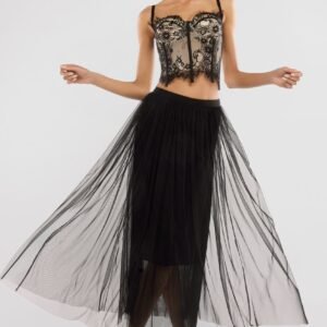 Goddiva Cropped Lace Corset Tulle Gathered Midaxi Skirt With Embroidered Stretch Mesh Gloves & Jersey Scarf - Black