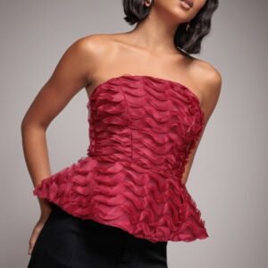 Goddiva Peplum 3D Textured Boob Tube Lace Up Corset - Burgundy