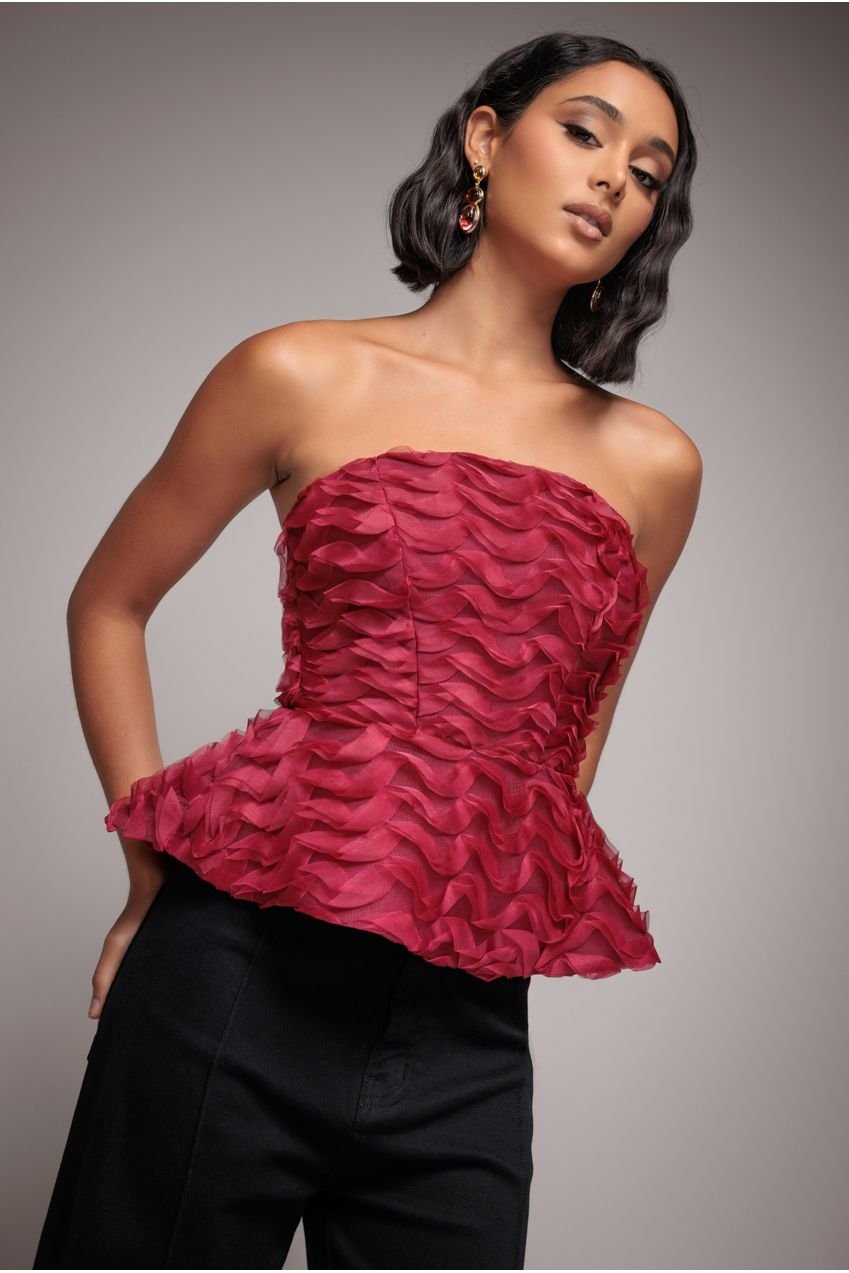 Goddiva Peplum 3D Textured Boob Tube Lace Up Corset – Burgundy