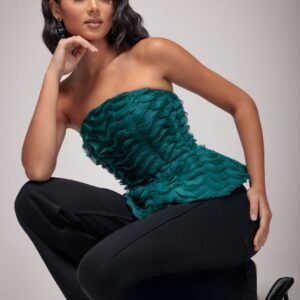Goddiva Peplum 3D Textured Boob Tube Lace Up Corset - Emerald Green