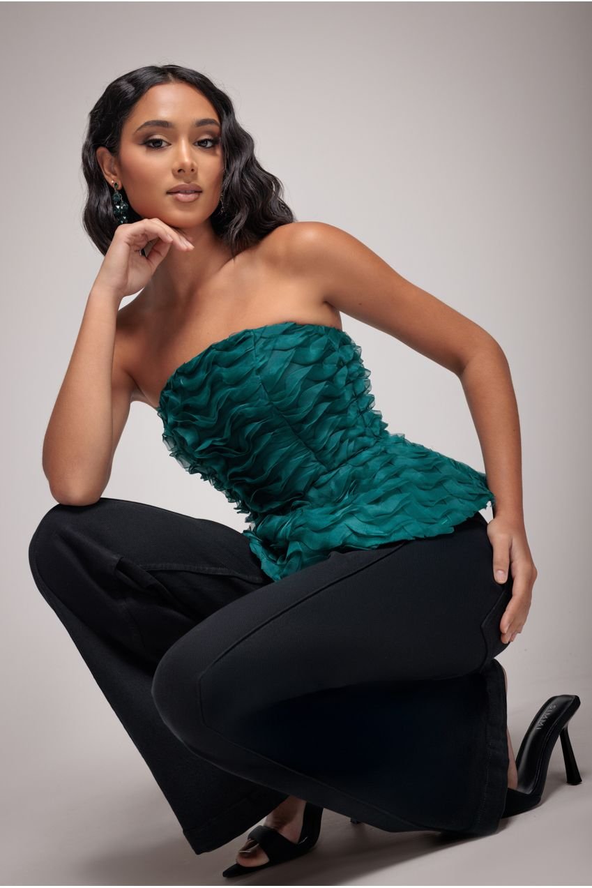 Goddiva Peplum 3D Textured Boob Tube Lace Up Corset – Emerald Green