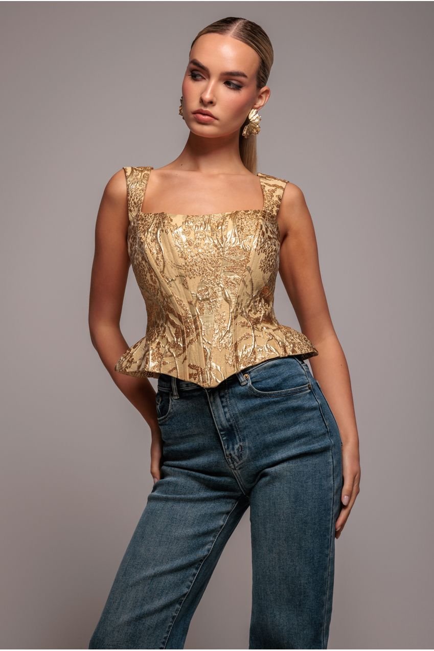 Goddiva Sleeveless Jacquard Lace Up Back Corset – Gold