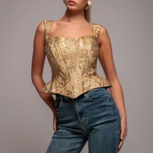 Goddiva Sleeveless Jacquard Lace Up Back Corset - Gold