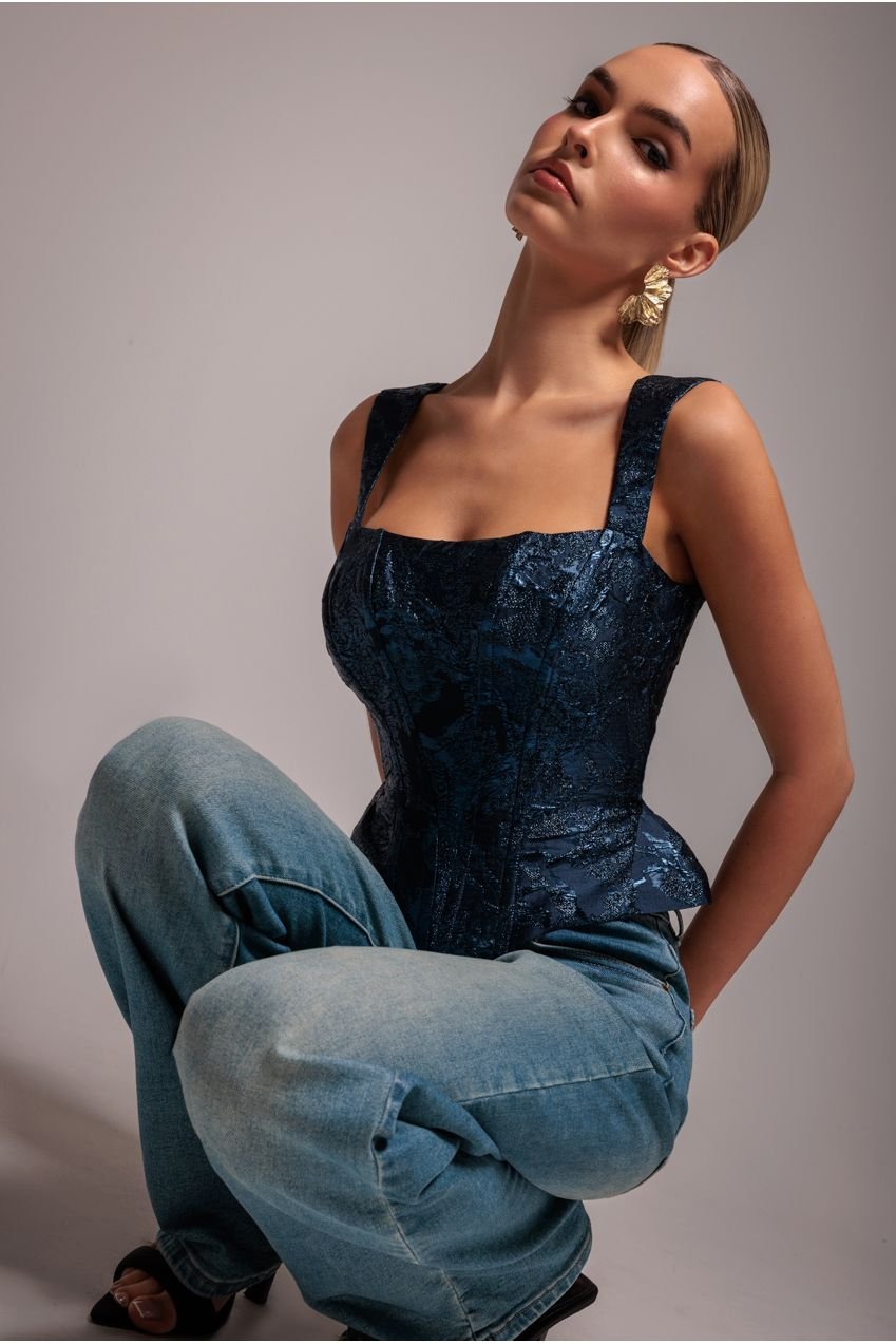 Goddiva Sleeveless Jacquard Lace Up Back Corset – Navy Blue