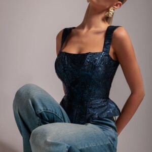 Goddiva Sleeveless Jacquard Lace Up Back Corset - Navy Blue