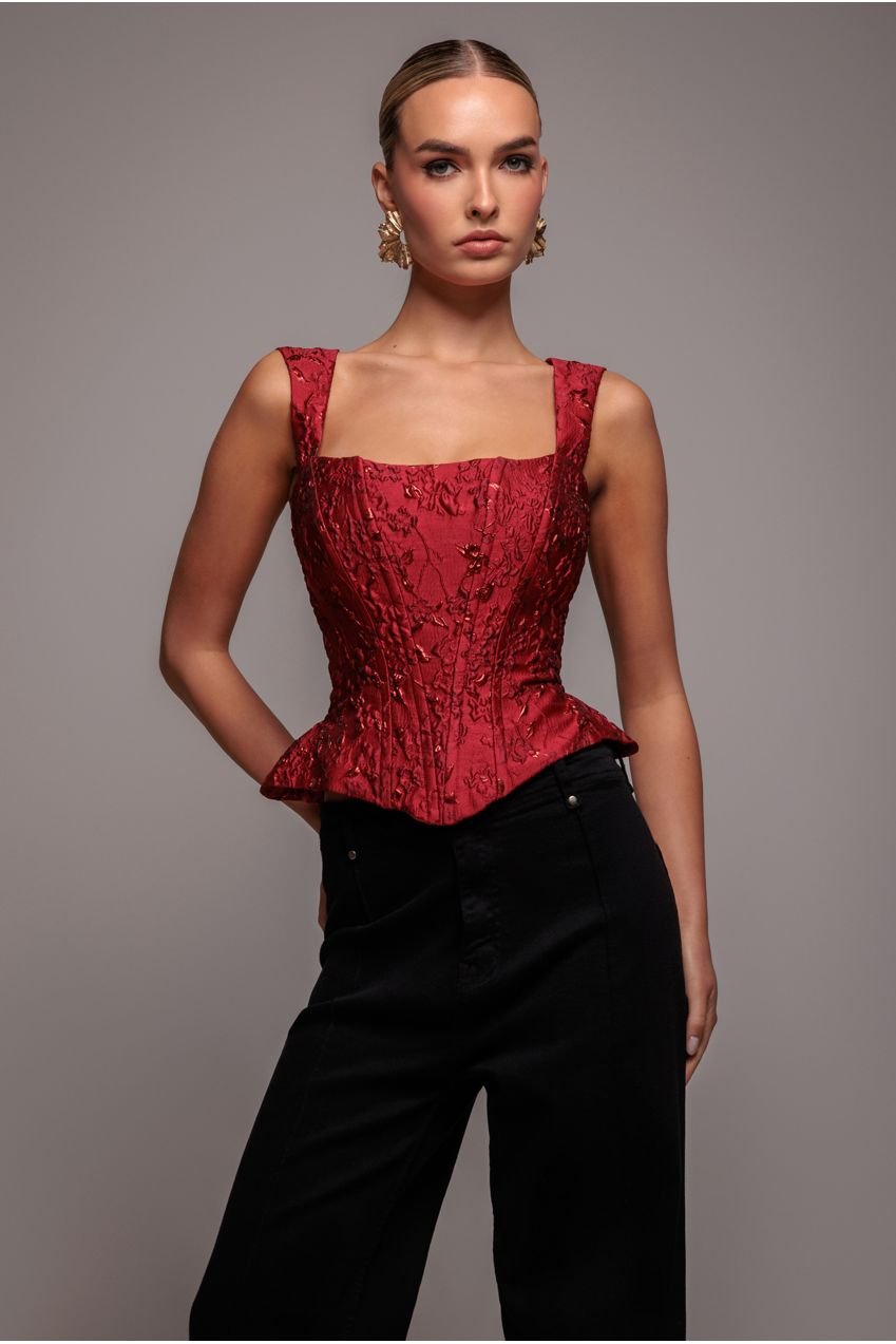 Goddiva Sleeveless Jacquard Lace Up Back Corset – Red