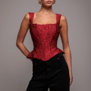 Goddiva Sleeveless Jacquard Lace Up Back Corset - Red