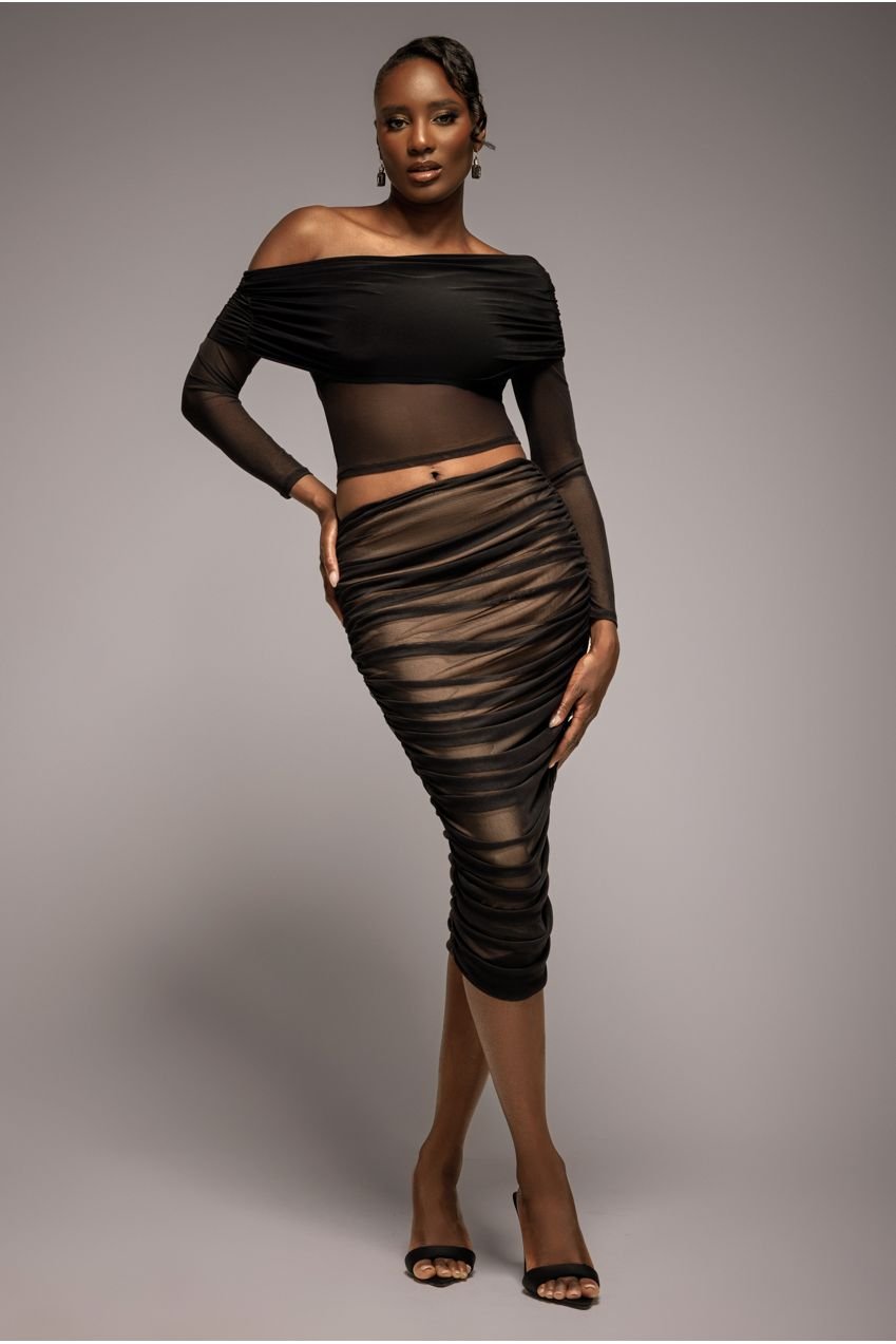 Goddiva Gathered Side Mesh Midi Skirt – Black