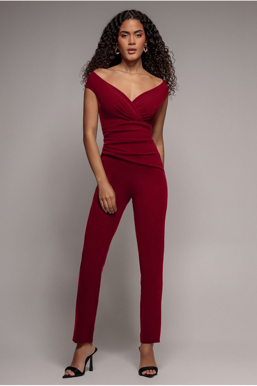 Goddiva Scuba Crepe Wrap Bardot Romper – Wine