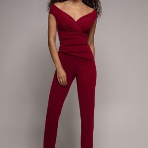 Goddiva Scuba Crepe Wrap Bardot Romper - Wine
