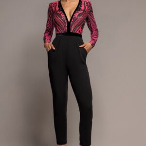 Goddiva Deep V Neck Sequin Embroidered Romper - Cerise