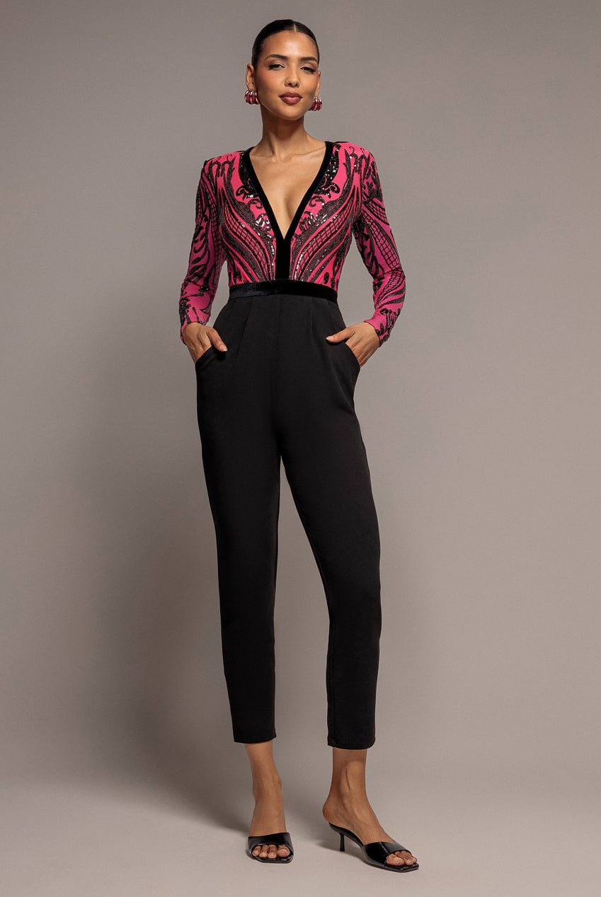 Goddiva Deep V Neck Sequin Embroidered Romper – Cerise
