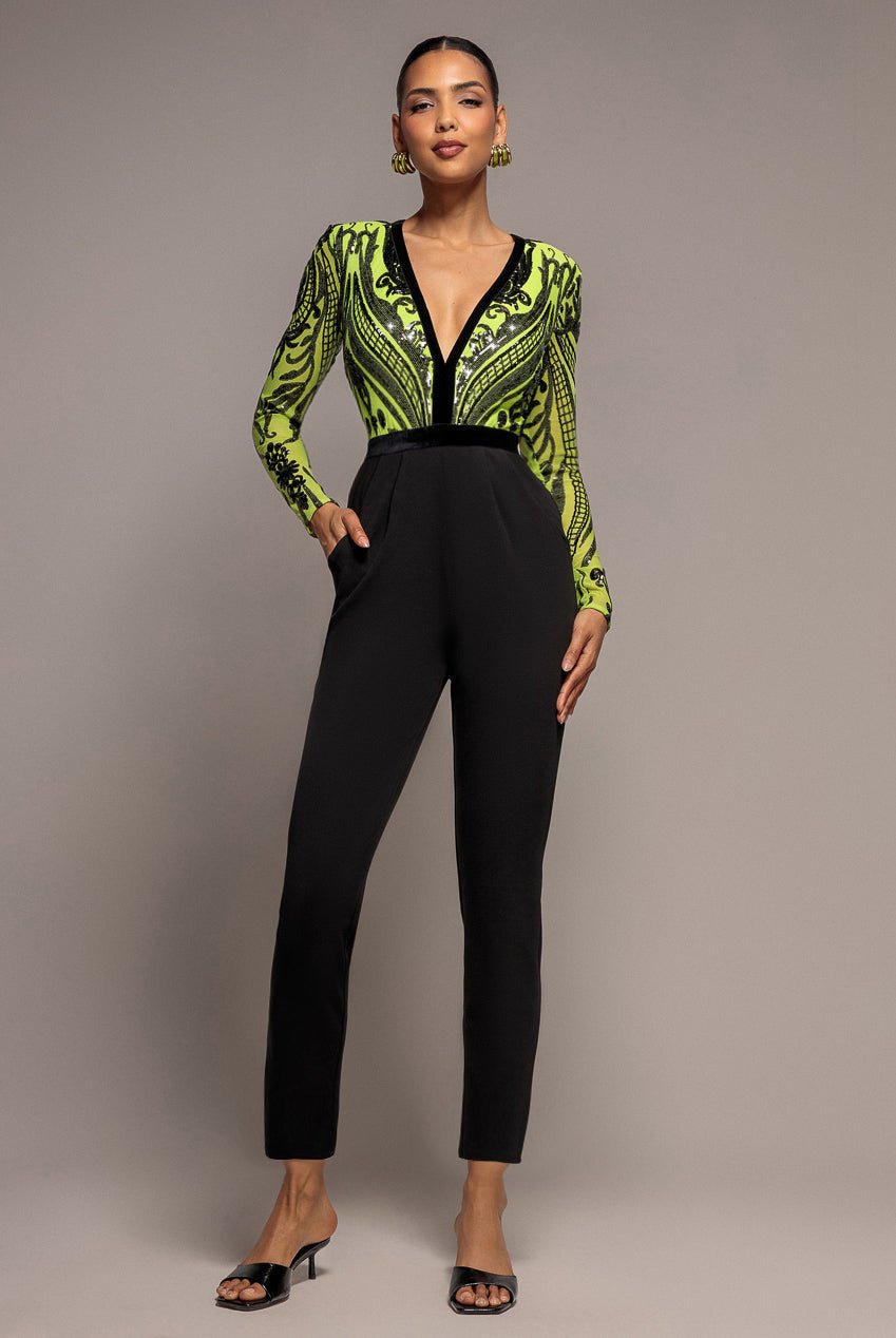 Goddiva Deep V Neck Sequin Embroidered Romper – Lime