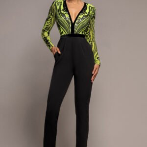 Goddiva Deep V Neck Sequin Embroidered Romper - Lime