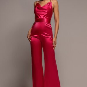 Goddiva Satin Cowl Neck Romper - Cerise