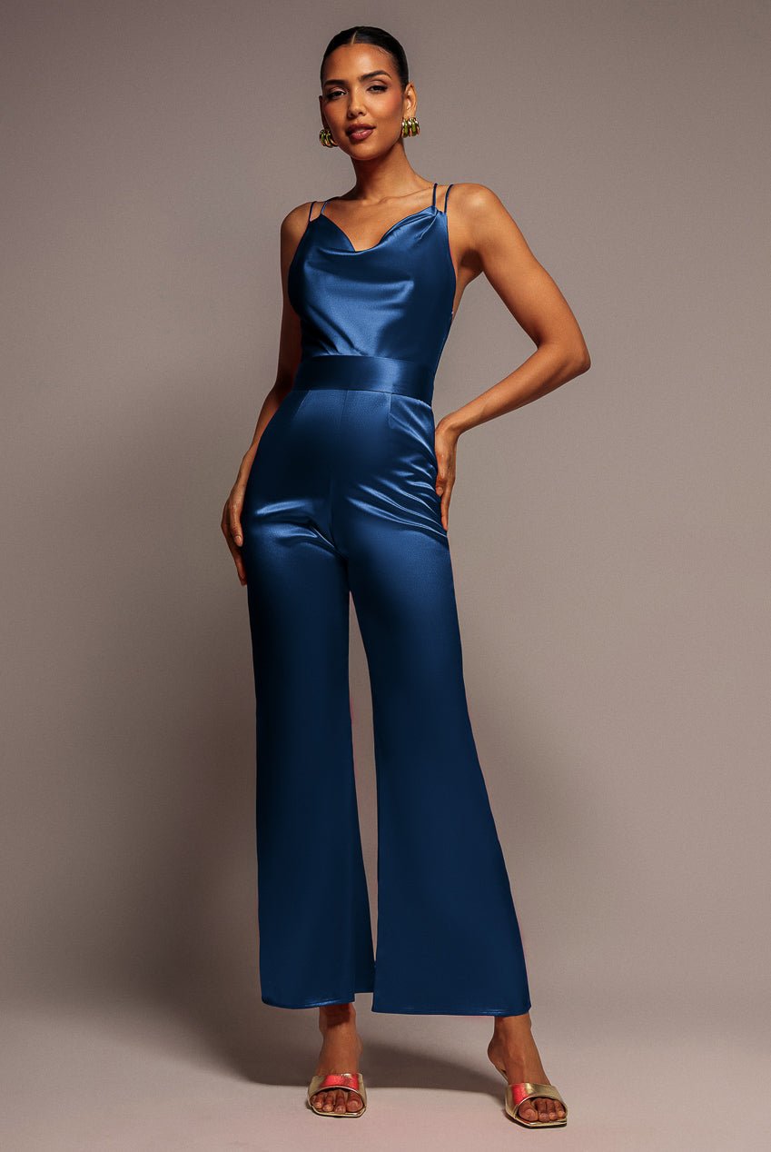 Goddiva Satin Cowl Neck Romper – Navy Blue