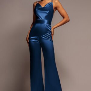 Goddiva Satin Cowl Neck Romper - Navy Blue