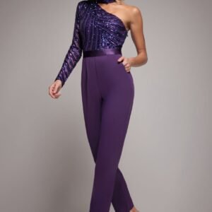 Goddiva One Shoulder Sequin Romper - Purple