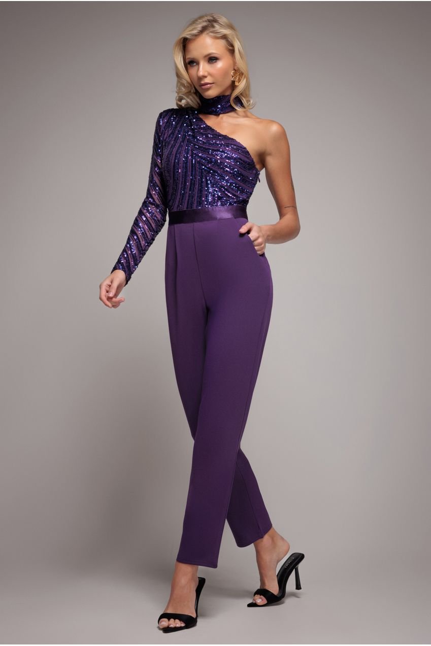 Goddiva One Shoulder Sequin Romper – Purple