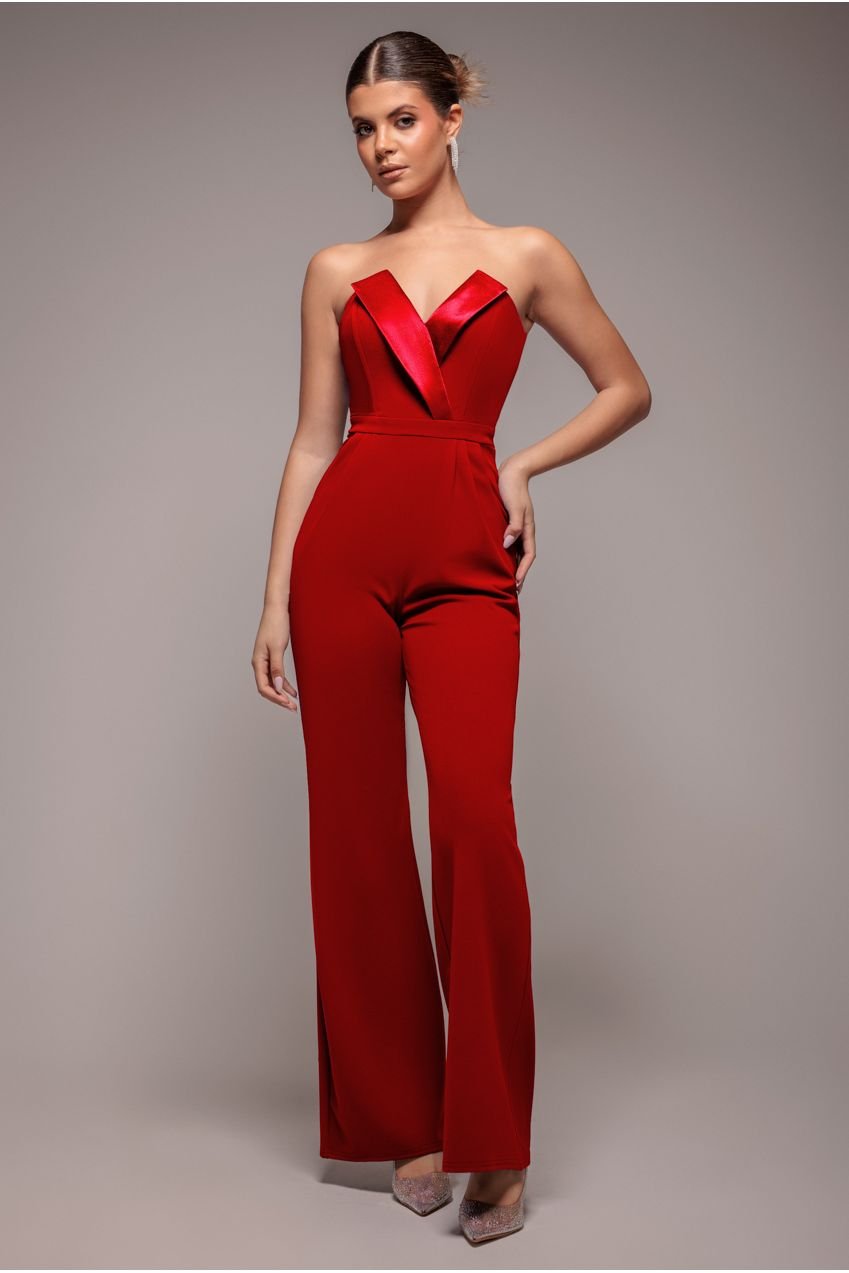 Goddiva Satin Collar Scuba Romper – Red