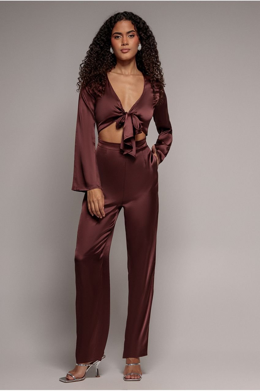 Goddiva Cut Out Satin Romper – Brown