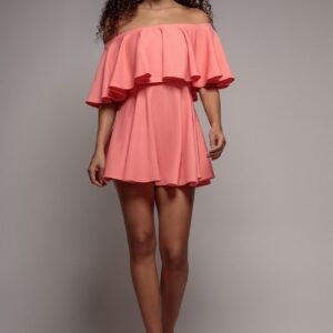 Goddiva Off The Shoulder Frill Neck Skater Romper - Coral