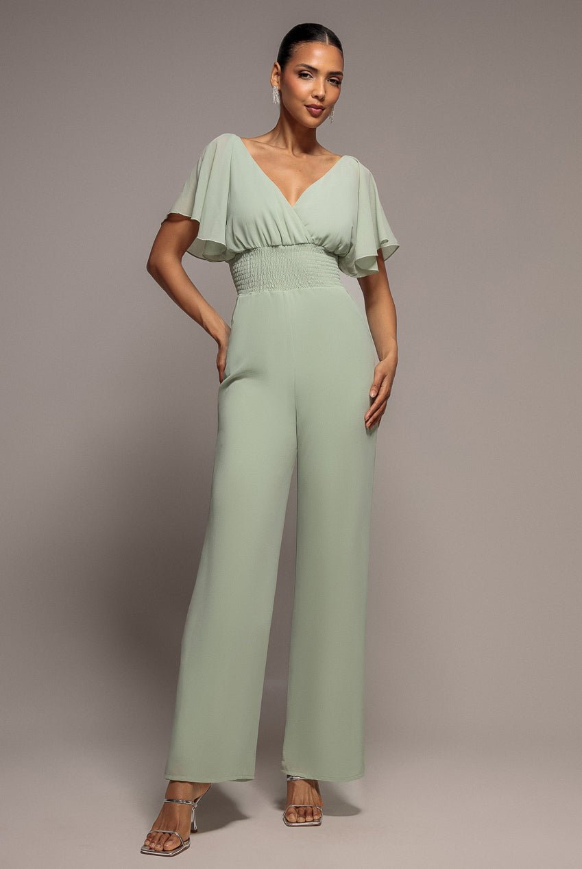 Goddiva Chiffon Romper With Flutter Sleeves – Sage Green
