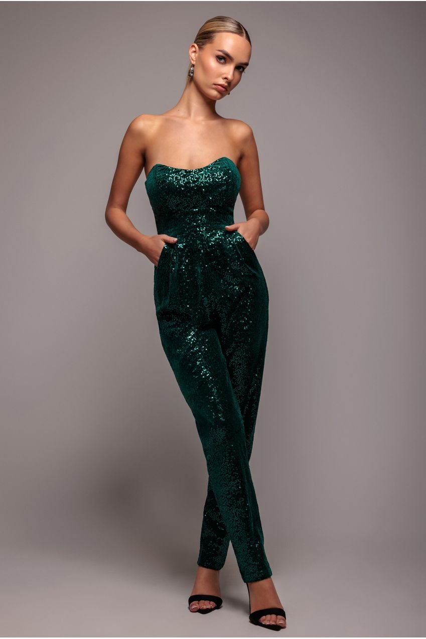 Goddiva Sequin & Velvet Corset Romper – Emerald Green