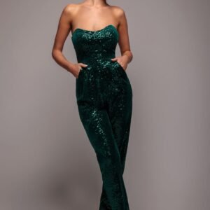 Goddiva Sequin & Velvet Corset Romper - Emerald Green