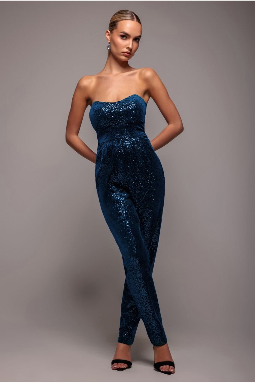 Goddiva Sequin & Velvet Corset Romper – Blue
