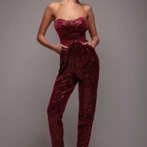 Goddiva Sequin & Velvet Corset Romper - Wine