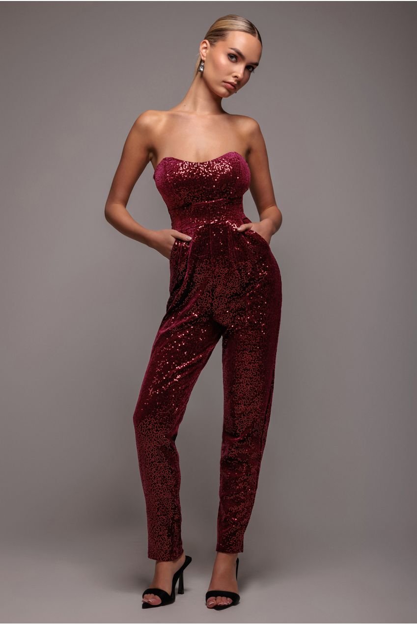 Goddiva Sequin & Velvet Corset Romper – Wine