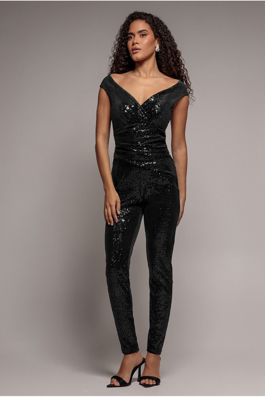 Goddiva Sequin Velvet Bardot Romper – Black