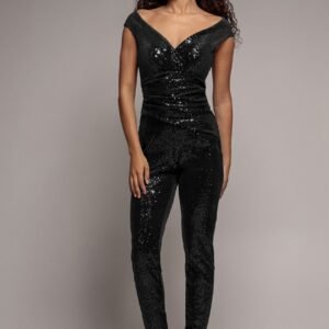 Goddiva Sequin Velvet Bardot Romper - Black