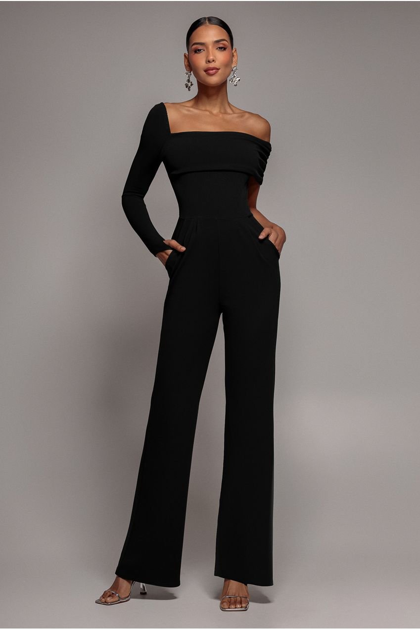 Goddiva One Shoulder Scuba Romper – Black