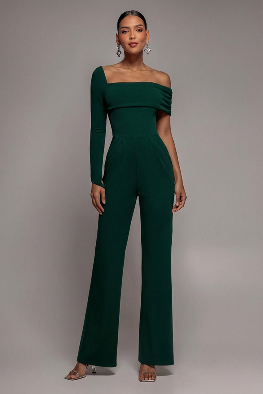 Goddiva One Shoulder Scuba Romper – Emerald Green