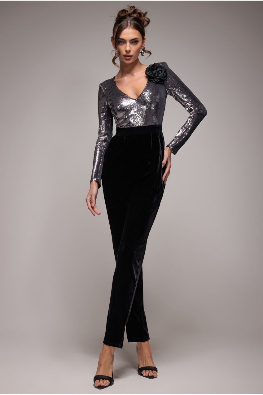 Goddiva Liquid Sequin Romper With Corsage – Silver
