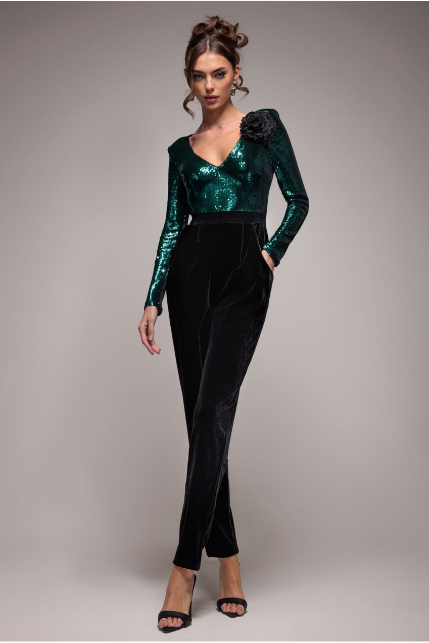 Goddiva Liquid Sequin Romper With Corsage – Emerald Green