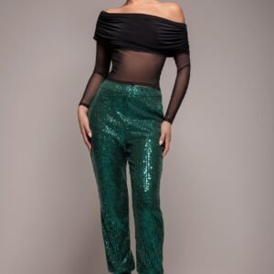 Goddiva Sequin Cuffed Ankle Pant - Emerald