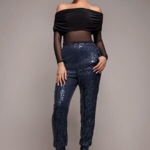 Goddiva Sequin Cuffed Ankle Pant - Navy