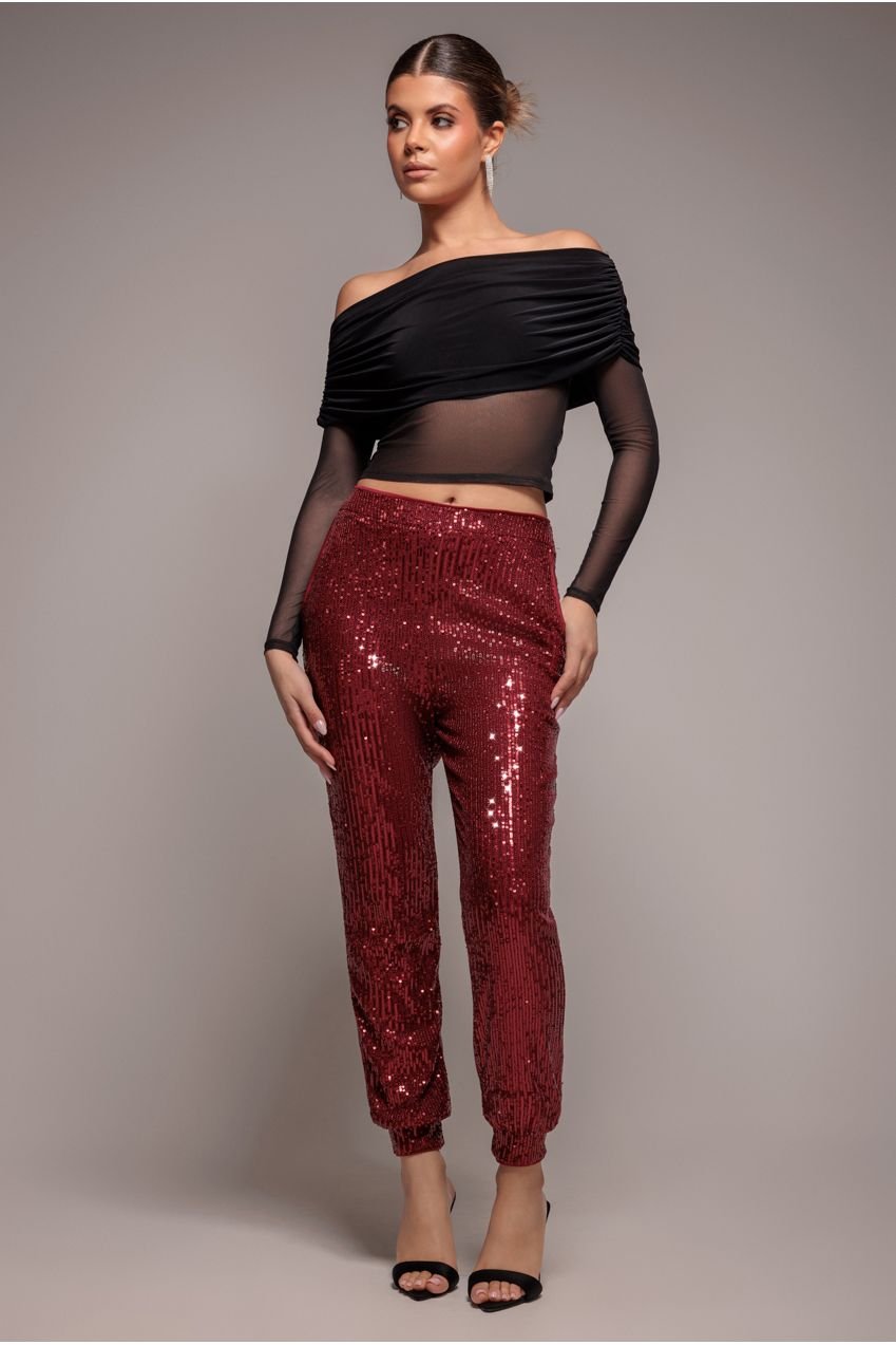 Goddiva Sequin Cuffed Ankle Pant – Wine