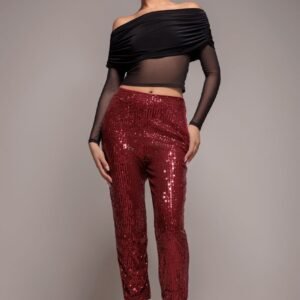 Goddiva Sequin Cuffed Ankle Pant - Wine