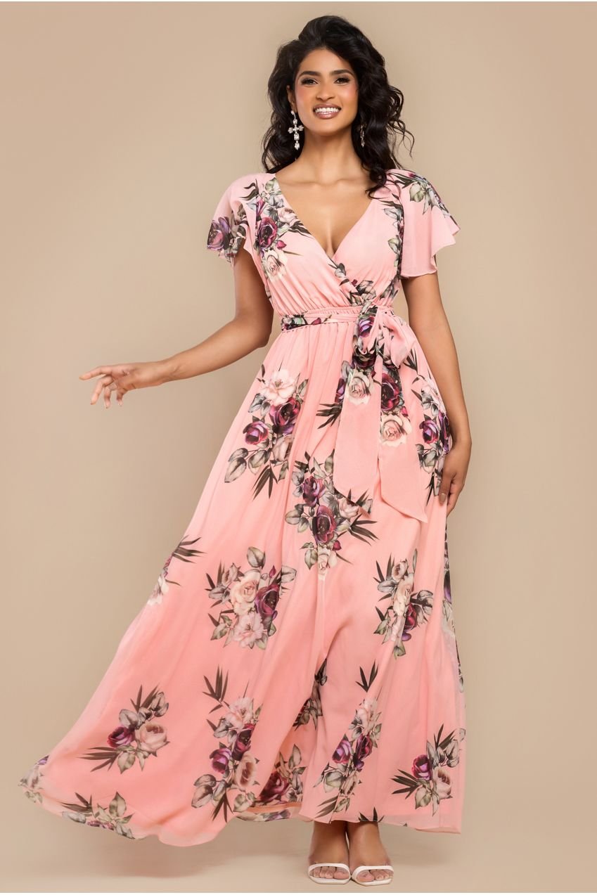 Goddiva Sustainable Printed Flutter Sleeve Maxi Dress – Peach