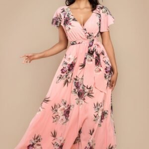 Goddiva Sustainable Printed Flutter Sleeve Maxi Dress - Peach