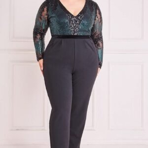 Goddiva Plus Sequin & Mesh Romper - Emerald Green