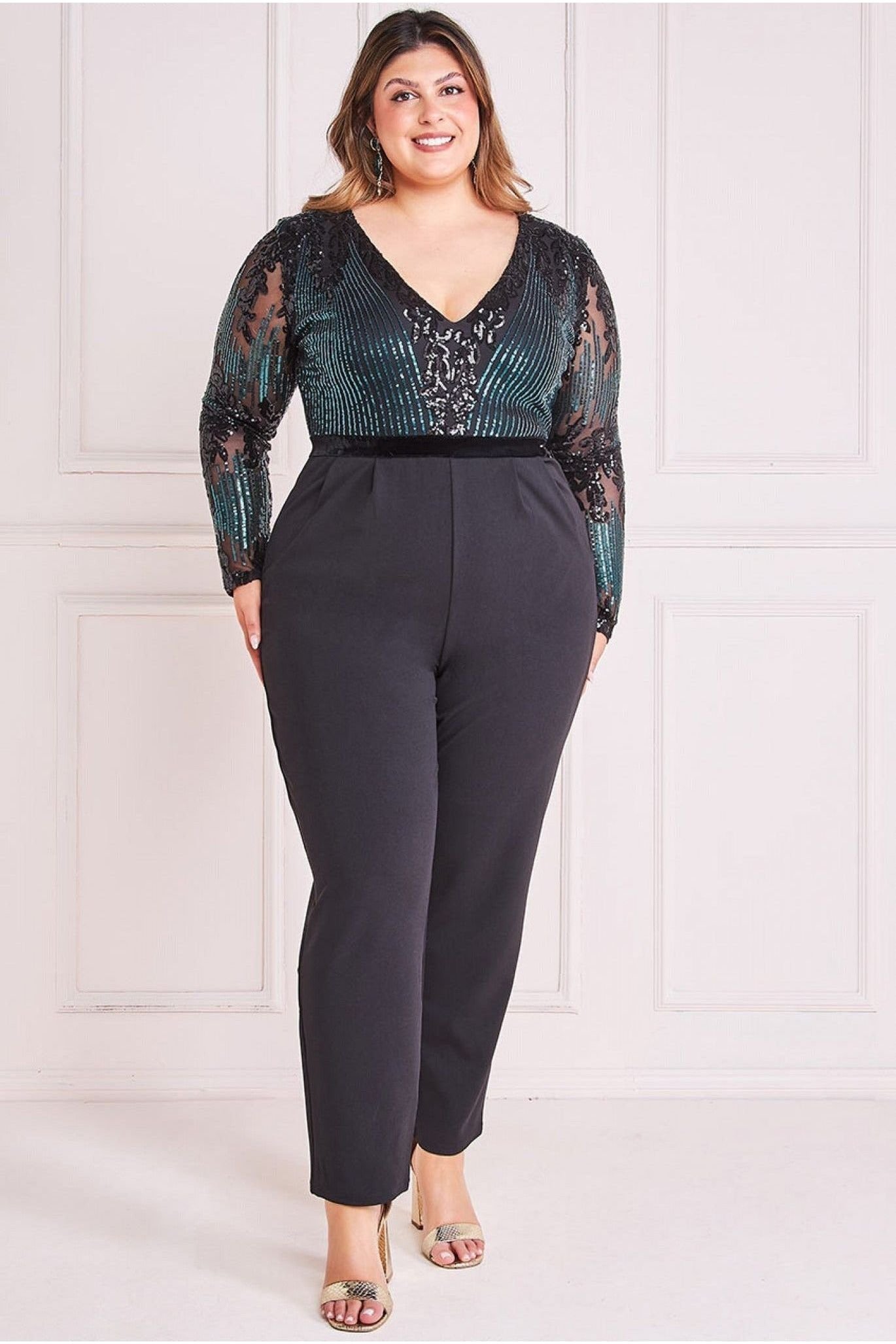 Goddiva Plus Sequin & Mesh Romper – Emerald Green