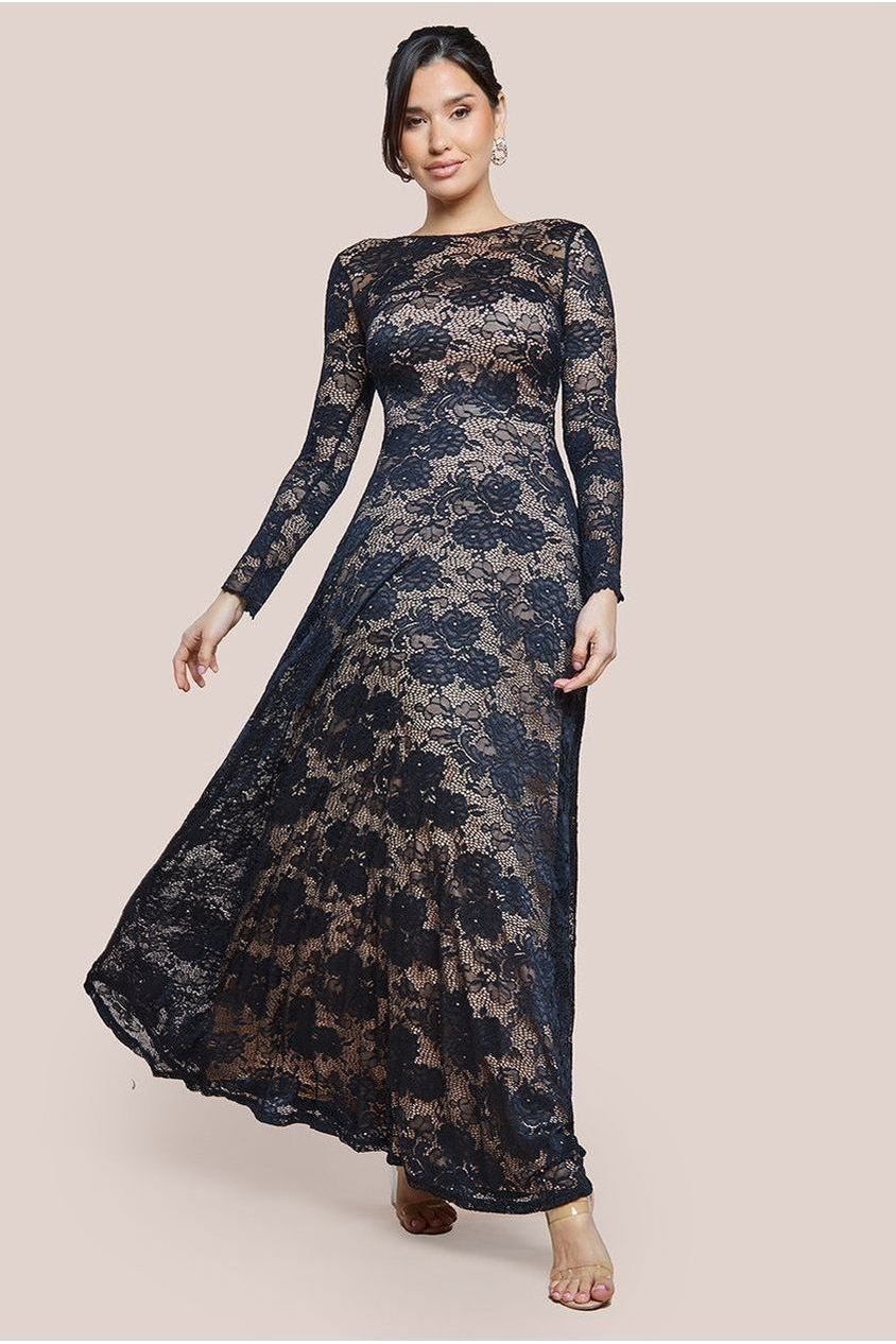 Goddiva Scalloped Lace A-Line Maxi Dress – Black