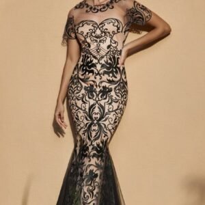 Goddiva Mesh & Lace Maxi With Scalloped Hem - Black