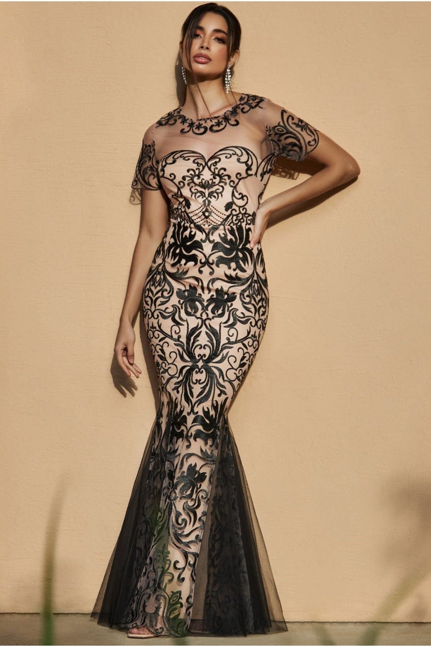 Goddiva Mesh & Lace Maxi With Scalloped Hem – Black